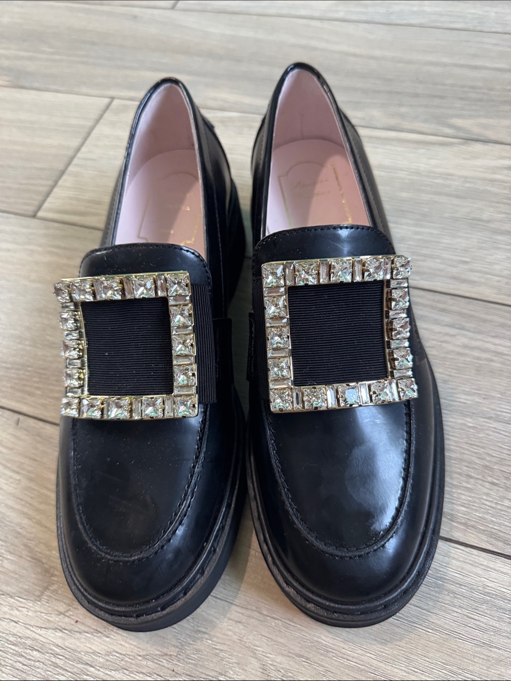 Made in Italy Empress Black leather  Loafers with Crystal Buckle